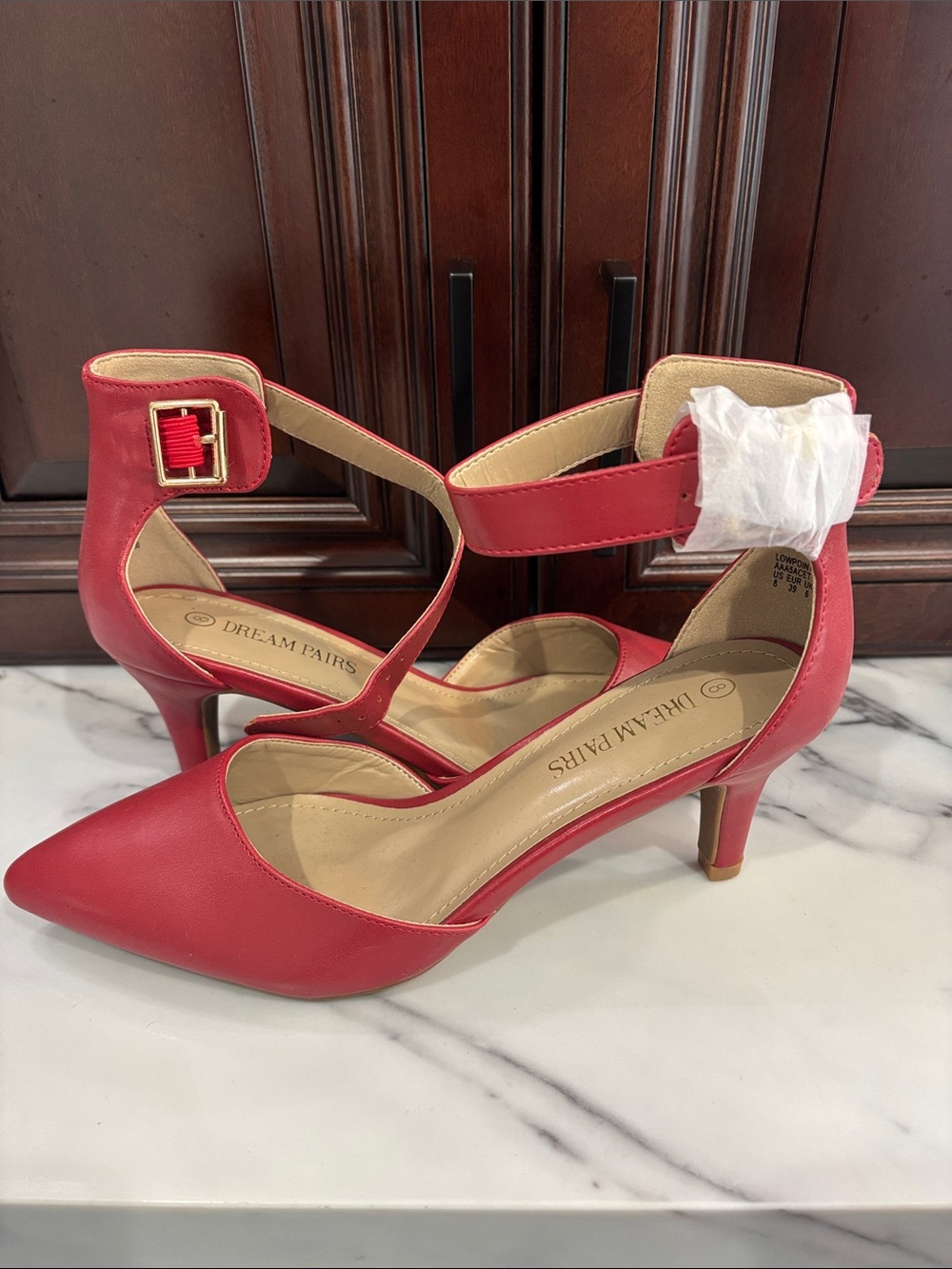 Dream Pairs Red Pointed-Toe Ankle-Strap Kitten Heels